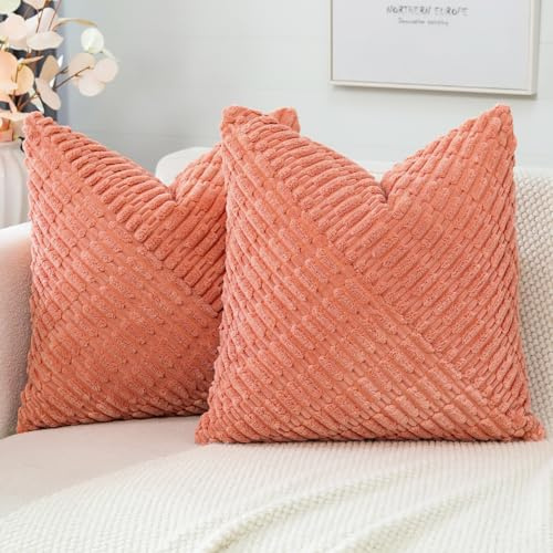 JOTOM 2er Set Kordsamt Kissenbezüge, Dekorative Weich Boho Kissenbezug Moderne Patchwork Kissenhüllen Sofakissen Dekokissen Zierkissenbezug für Wohnzimmer Schlafzimmer Deko (45x45cm, Koralle)