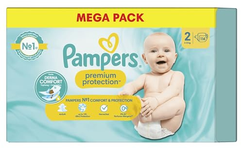 Pampers Premium Protection Taille 2, Couches x114, 4Kg - 8Kg, Notre N°1 pour le Confort et la Protection des Peaux Sensibles