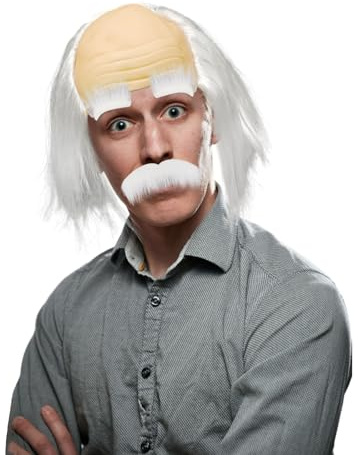 XNIVUIS 3 Stück Opa Set - Kostüm Perücke, Glatzkopf Herren, Halbglatze, Wissenschaftler Verrückte Professor Mit Schnurrbart für Party, Cosplay, Karneval, Halloween