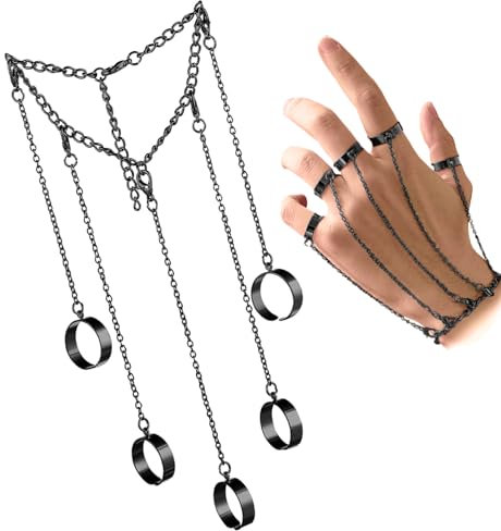 Snowtain Punk Kreuz Knuckle Ring mit Quaste und Kette, Layered Silber Armband für Damen und Herren (Schwarz)