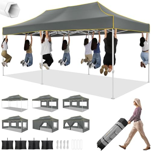 Hoteel Faltpavillon 3x6 Wasserdicht Stabil Winterfest, Pop Up Pavillon Faltbar mit 6 Seitenwänden, Partyzelt für Hochzeit Garten Festival, 420D Oxford, Tragetasche mit Rollen, Grau (Sechskant)
