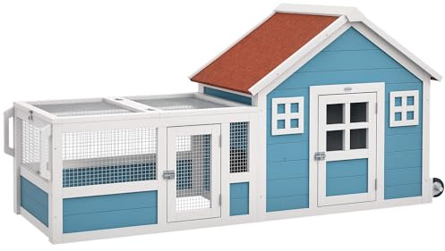 PawHut Conejera Exterior de Madera 162,5x59,2x77,6 cm Jaula para Conejo Casa para Conejos con Ruedas Rampa Ventanas de Decoración Puerta y Techo de Asfalto Azul