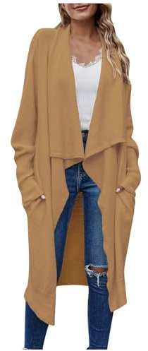 Generisch Strickjacke Damen Lang Cardigan Damen Elegant Mit Wasserfallkragen Strickjacken Für Damen Winter Langarm Longstrickjacke Frauen Einfarbig Strickjacke Grobstrick mit Taschen Strickmantel