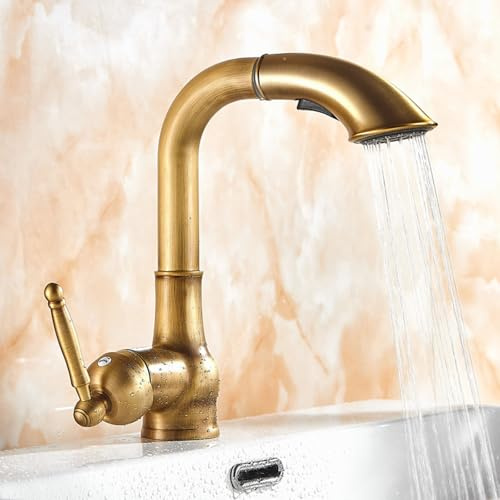 XSDSM Waschtischarmatur Ausziehbar Retro, 2 Modus Wasserhahn Bad mit Herausziehbarer Brause 360° Drehbarer Einhebelmischer Heiß und Kalt,Antike Farbe