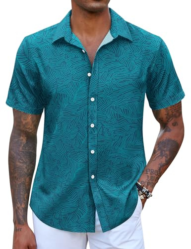 COOFANDY Herren Kurzarm Hemd Sommer Hawaii Shirt Button Down Shirt Floral Strandhemd Seegrün XL