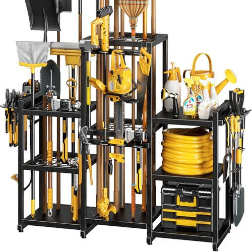 POKIPO 42 H Large Garden Tool Organizer, Holds Up to 86 Tools, Heavy Duty Yard Tool Organizer for Garage, 61“ Wide Lawn Freestanding Tool Storage Rack for Outdoor Shed Tool Rake, Shovel, Brooms