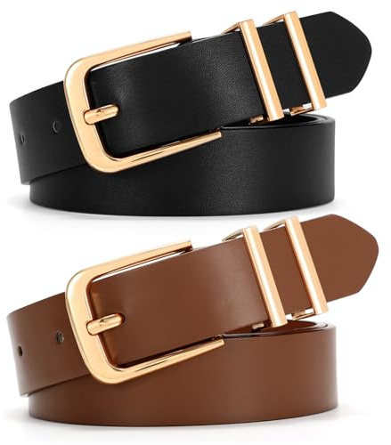 VONMELLI Damen Gürtel 2 Stück–Schmaler 2.5cm Ledergürtel mit Goldschnalle für Jeans Kleider & Business Outfit(Schwarz/Braun)