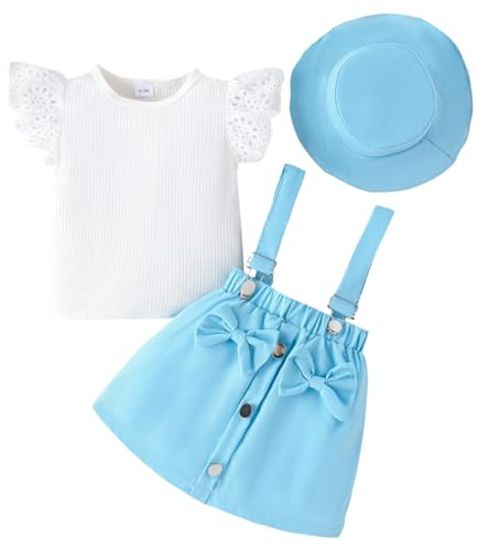 LUVCES Vestiti Bambina Estivi 3 Pezzi Set Maniche Corte con Volant Top + Gonna con Bretelle e Fiocco + Cappello Abbigliamento Estivo per Bambine 3Pcs Blu 3-4 Anni