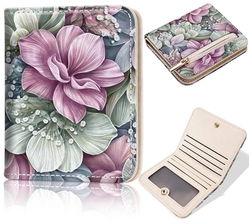 Toughergun Happy Flower Floral RFID Small Wallet Women, Slim Thin Vegan Leather Bifold Wallet with Zipper Coin Pocket & ID Window, Cute Mini Travel Credit Card Holder Gift for Women Ladies Teen Girls