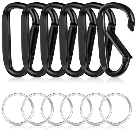 Tyqour Schraubkarabiner 6.7cm, 6 Stück Karabinerhaken Schwarz + 6 Stück Schlüsselanhänger Rund, Karabinerhaken Aluminium, Karabiner Schwarz für Hängematten,Schlüsselanhänger,Angeln,Campingzubehör