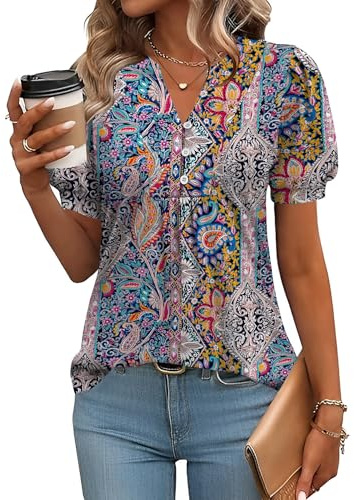 Rapbin T-Shirt d'été Femme Col V Haut Tunique Manches Courtes Chemise Basique Haut Sexy Femme Impression Ethno L