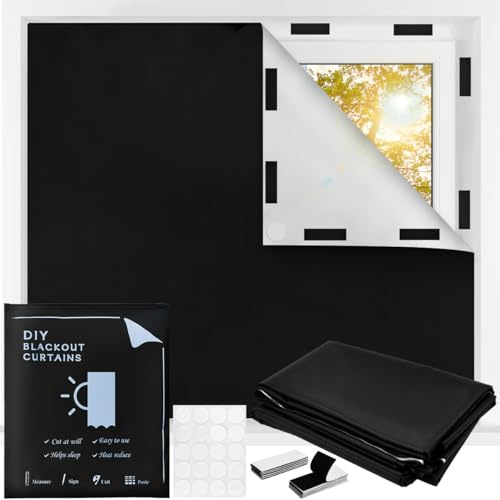 400x145cm Blackout Blinds, QUCUMER Temporary Blackout Blind Stick on Blinds for Window Portable Black Out Blind Curtains with Self Adhesive Fasteners for Nursery Bedroom Travel RV Car