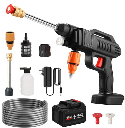 Portable Cordless High-Pressure Washer, 48V 50BAR Cordless Power Washer, Car Washer Spray Water Gun with Foam Generator Car Washing Machine 5m Hose Jet Wash Tool (3600mAh)