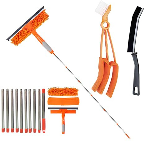 4,5m ausziehbarer Fensterputzer Set,2-in-1 doppelseitiger Glasreiniger mit 2 Ersatz-Pads,10-teiliger Teleskopgriff,Mikrofaser-Wischer, Abzieher und Reinigungsbürste Für Fensterbänke Wände (Orange)