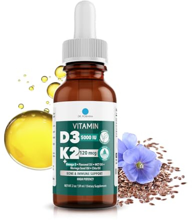 Dr. Robaina Vitamin D3 + K2 Drops – Vegan MCT Oil Liquid Supplement, 5000 IU D3 & 120 mcg MK-7, Sublingual Daily Vitamin D and K