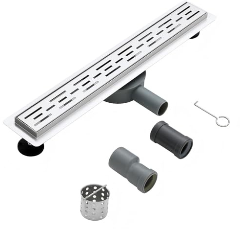 KEOKBON Duschrinne 600 x 70 mm Edelstahl 304, Siphon mit Geruchsstop und Haarsieb, 304 Edelstahl Ablaufrinne Bodenablauf Duschablauf sehr flach, 2 Ablaufadapter DN50 DN40
