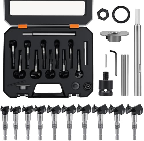 17 Stück Forstnerbohrer Set (Ø15/16/18/20/22/25/28/30/32/35mm) mit Werkzeugkoffer & Adapter & Erweiterung - Hochpräzise Holzbohrer Topfbohrer, Professional Forstner Bohrersatz für Hart- & Weichholz