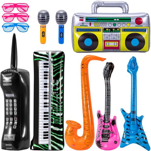 Preocea 11 Pack Inflatable Instruments, Blow Up Guitars Boom Box Keyboard Piano Saxophone Rock and Roll Party Supplies, Inflatable Rock Star Toy Set for 80s 90s Themed Carnival Party Birthday