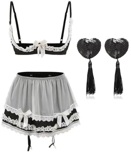 KFLY Sexy Lingerie Set for Women Naughty Babydoll Quarter Cup Bra Mini Pleated Skirt Nipple Covers Anime Schoolgirl Cosplay Outfits Hollow Halloween Costumes Clubwear Cocktail
