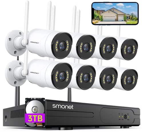 5MP Wireless Home Security Camera System, 8CH NVR with 3TB Hard Drive, SMONET CCTV Kit with 8 Indoor/Outdoor IP Cameras, Night Vision, IP66 Waterproof, Mobile App Access