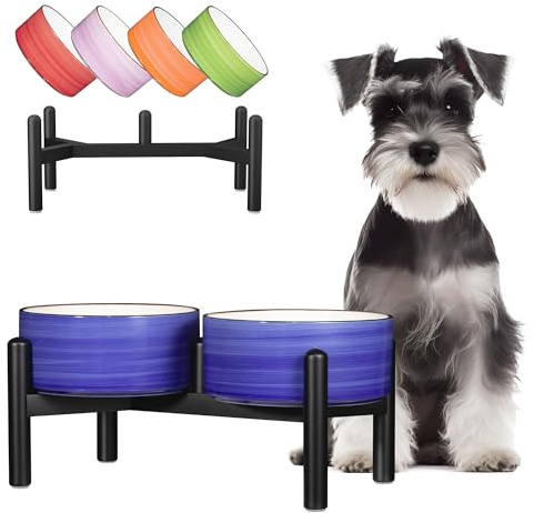 Comedero Perro Elevado Ceramica Doble - Soporte Acero Inoxidable con Cuencos de Cerámica Acanalado - Comedero y Bebedero para Perros - Ideal para Raza Pequeña y Mediana - 350g / 660ml - 15cm - Azul