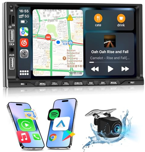 NHOPEEW Autoradio 2 Din con Carplay e Android Auto wireless - 7 pollici 2 Din Autoradio Supporto EQ FM Controllo volante 16 interfacce utente Doppio ingresso USB + Telecamera posteriore