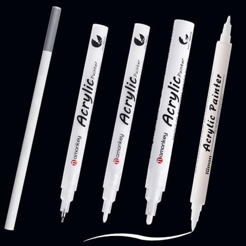 Canollo 5er Weiß Stifte Set, 4 Stück acrylstifte weiße + Bleistift, Permanent Marker Weiß, Kalligraphie Stifte, Fineliner 0.5mm - 2mm, für Steine, Keramik, Glas, Metall, Leinwand, DIY-Scrapbook