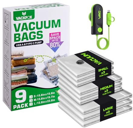 VACKFOX Resa Vakuumförvaringspåsar med USB och typ C-pump, 9-pack handbagage storlek komprimeringsväskor för bagage och resväska, platsbesparande för kläder och kläder resor (grön)