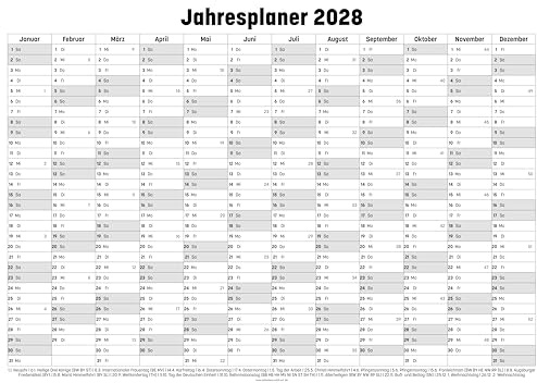 Jahresplaner 2028, Kalender im XL- Format DIN A2 (594 x 420 mm). Wandplaner mit sehr viel Platz für Beschriftungen wie Geburtstage und Termine