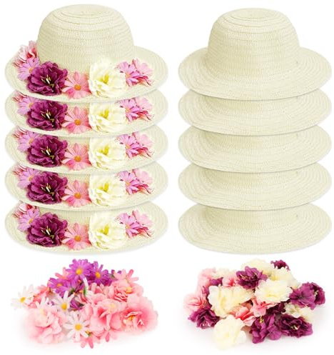 70 Pcs DIY Straw Sun Hats 10 Pcs Tea Party Hats for Girls and 60 Artificial Flowers for Crafts Birthdays Party Gift Favors Supplies (Small (Age 2-5))