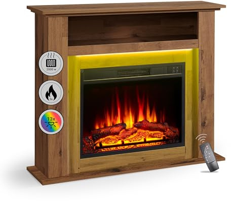 BALDERIA Liora Elektrokamin, dunkle Eiche, 2 kW Heizleistung | Freistehend, 3D-Flammeneffekt, LED-Ambientebeleuchtung, inkl. Fernbedienung & Montagematerial, mit Heizung