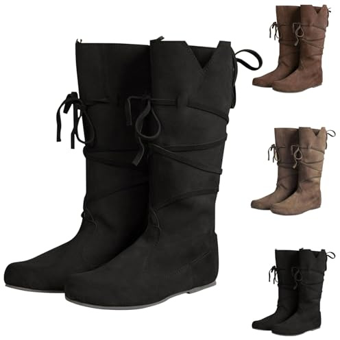 Wildlederstiefel Damen/Herren Mittelalter - Schlupfstiefeletten Damen Flach Mit Schnürung Renaissance-Ritter-Jäger-Stiefel Halloween Cosplay Kostüm Unisex Viktorianische Trachtenschuhe Gladiator