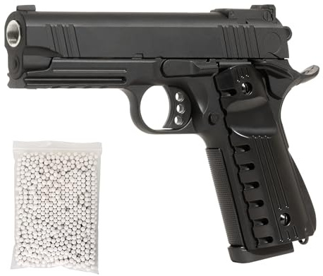 Pistola softair a molla, corpo in metallo, guancette polimero, nero, caricatore estraibile, calibro 6 mm, replica pistola airsoft,1000 pallini inclusi, colore nero, potenza 0,9 joule