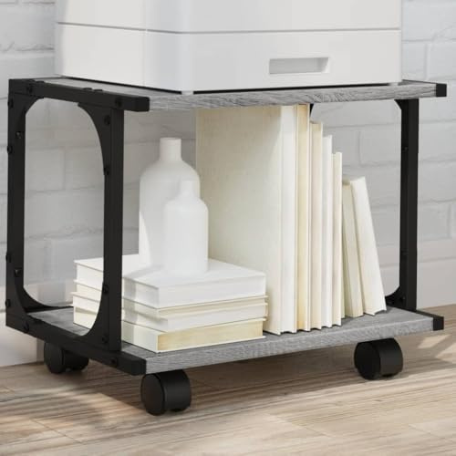zylophax Soporte para impresora con 2 estantes, gris Sonoma de madera y acero, 41 x 28 x 33,5 cm, carro de impresora móvil con ruedas y frenos, organizador para ahorrar espacio para oficina y oficina