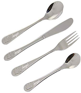 Calledelregalo Cubertería infantil con nombre grabado/motivo ''ositos'' / 4 cubiertos con el nombre grabado/Acero inoxidable/Regalo para Nacimiento o Bautizo