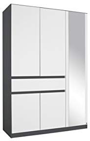 Rauch Möbel Tübingen Schrank Kleiderschrank Drehtürenschrank in Weiß/Grau-metallic, Schwarz, Spiegel mit 1 Schublade, 5-türig, Zubehörpaket Basic 3 Einlegeböden, 1 Kleiderstange, BxHxT 136x197x54 cm