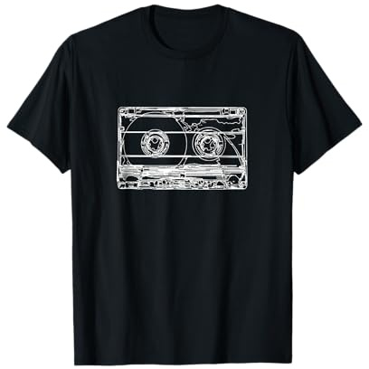 Musikliebhaber Geschenke für Männer und Frauen Retro Musik Kassette Skizze Vintage Audio Zeichnung T-Shirt Schwarz S Klassische Passform Crew-Kragen Kurzarm Unisex Erwachsene