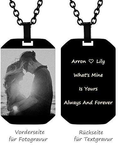 PiercingJ Foto Halskette mit Gravur Erkennungsmarke Dogtag Edelstahl Anhänger mit 24 Kette Liebe Freundschaft Schmuck Personalisierte Geschenke für Herren Damen, Schwarz