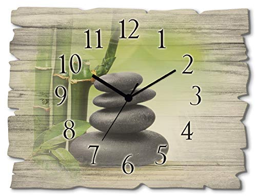 ARTLAND Wanddeko Wanduhr ohne Tickgeräusche aus Holz Funkuhr 40x30 cm Rechteckig Lautlos Zen Spa Steine Bambus Asiatisch Originell T5OP