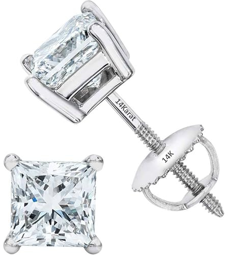 Central Diamond Center Princess Diamond Stud Earrings CVD Lab Grown, E-F Color VS-SI, 0.30Ctw (0.28Ctw to 0.33Ctw), 14K White Gold Threaded