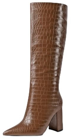 Stivali da donna classici a punta slouchy sexy polpaccio largo slip on grosso tacco alto elegante stivali alti al ginocchio, Marrone C, 37 EU