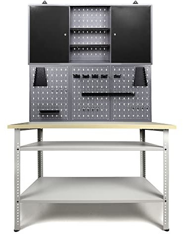 Ondis24 Werkstatteinrichtung 120 cm Werkbank Basic Pro, Metall, Lochwand mit Hakensortiment, Werkstattschrank