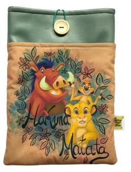 Funda artesanal grande para libros y tablets de El Rey León + marcapáginas regalo, algodón ecológico, acolchada, con bolsillo frontal y botón. Regalo ideal para adolescentes