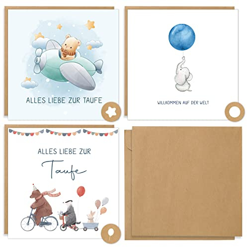 BIROYAL Karte Taufe Mädchen mit Umschlag - 3er Set Taufkarte Mädchen Junge mit niedlichen Tieren - Sinnvolle Karte zur Taufe Geschenk - Glückwunschkarten zur Taufkarte mit Kraftpapier-Kuvert