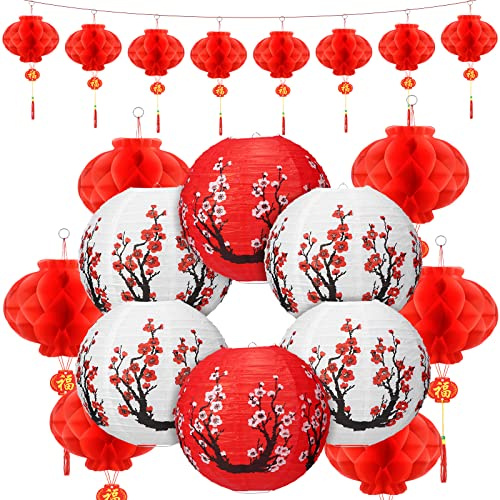 Fumete 20 Pcs 12 Chinese Japanese Paper Lanterns and 8 Red Lanterns Hibachi Party Decorations Cherry Blossom Japanese Home Restaurant Hanging Decorations Asian Theme Party Supplies(Red, White)
