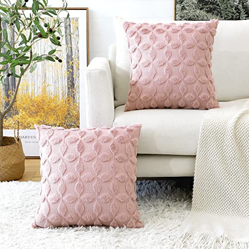 Artscope 2er Set Wolle Kissenbezüge Weicher Plüsch Kurzer Wollsamt Dekokissenbezuge Luxuriöses Sofakissen Boho Kissenhülle für Sofa Schlafzimmer Blumenmuster Rosa, 40x40cm