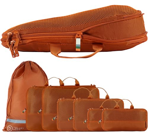 TRAVEL DUDE Organizador Maleta con Compresión – Packing Cubes de Viaje, Bolsas Organizadoras Maleta para Ropa, Organizadores de Maletas y Mochila de Viaje (Naranja Quemado, 7 piezas)
