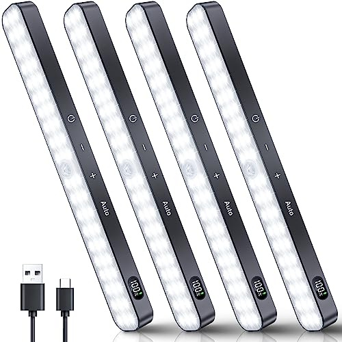 Ferswe Schrankbeleuchtung Led mit Bewegungsmelder, Anzeige des Batteriestands, 4 Stück Unterbauleuchte Küche Led, USB Wiederaufladbar Schranklicht, Kleiderschrank Licht mit Bewegungsmelder für Schrank