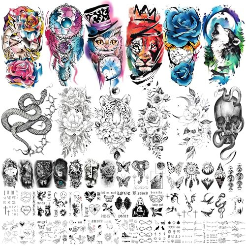 DIVAWOO 60 Blätter Realistische Temporäre Tattoos - 12 Groß Halbarme Mit Päonie, Rose und Blume, 48 Klein Schwarz für Frauen Halloween