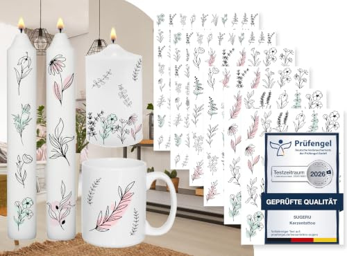 Sugeru 6 PCS Kerzentattoo (200+ Muster),Wassertransferdruck |wasserschiebefolie kerzen | Kerzenfolie | kerzenaufkleber sticker | Kerzen dekorieren (Botanical)